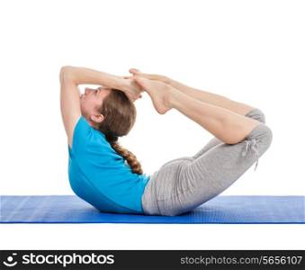 Yoga - young beautiful slender woman yoga instructor doing Bow pose (Balancing on abdomen in the shape of a bow) (rocking dhanurasana) asana exercise isolated on white background