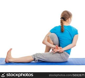 Yoga - young beautiful slender woman yoga instructor doing Forward Bends Sage Twist C pose (Marichyasana C) asana exercise isolated on white background