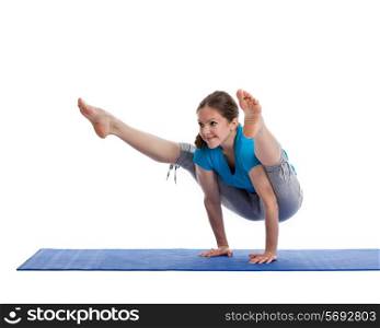 Yoga - young beautiful woman yoga instructor doing Firefly asana pose (Titibasana) exercise isolated on white background