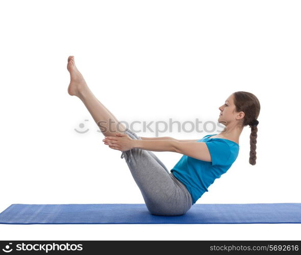 Yoga - young beautiful woman yoga instructor doing Full Boat pose asana (Paripurna navasana) exercise isolated on white background