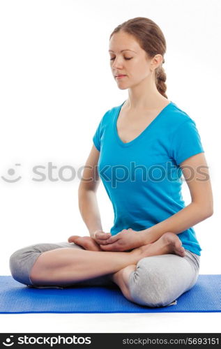 Yoga - young beautiful woman yoga instructor doing Lotus Position (padmasana with bhairava mudra) asana exercise - cross-legged sitting asana for meditation - isolated on white background