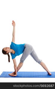 Yoga - young beautiful woman yoga instructor doing Revolved Triangle asana pose (Parivrtta Trikonasana) exercise isolated on white background