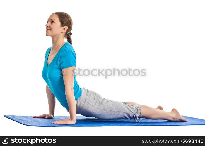 Yoga - young beautiful woman yoga instructor doing Upward Facing Dog Pose (Back Bend) (Urdhva Mukha Svanasana) asana exercise isolated on white background