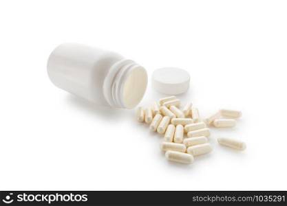 Yoghurt capsules isolated on a white background. Yoghurt Capsules aid in maintaining a normal healthy gastrointestinal system and digestive function.