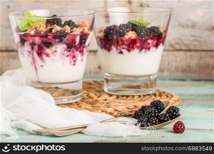 Yogurt desert with raspberries, blackberry and mint.