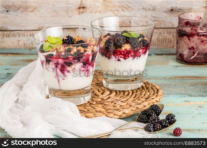 Yogurt desert with raspberries, blackberry and mint.