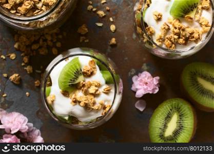 Yogurt parfait with fresh kiwi and crunchy almond and oatmeal granola in glasses, photographed overhead on slate with natural light (Selective Focus, Focus on the top of the parfait)