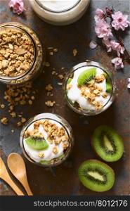 Yogurt parfait with fresh kiwi and crunchy almond and oatmeal granola in glasses with ingredients on the side, photographed overhead on slate with natural light (Selective Focus, Focus on the top of the parfait)