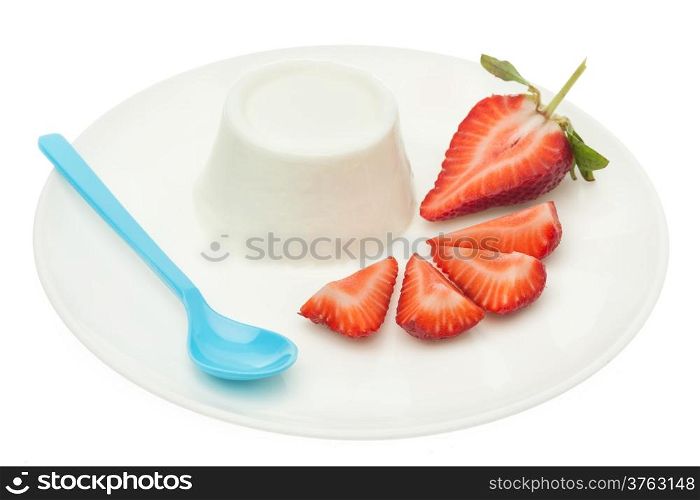 Yogurt with fresh strawberry on plate isolated on white background