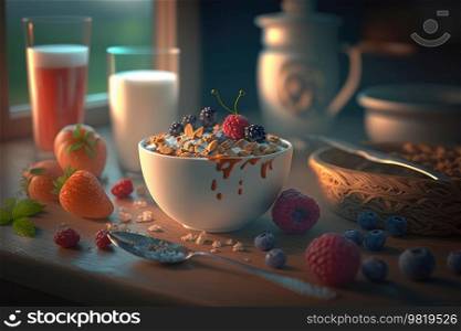 Yogurt with granola and berries. Illustration Generative AI