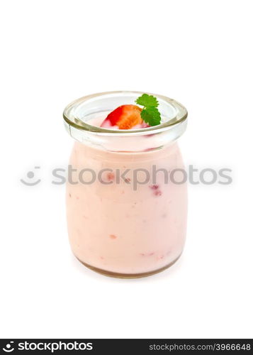 Yogurt with strawberries and mint in a glass jar isolated on white background