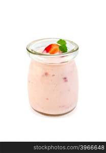 Yogurt with strawberries and mint in a glass jar isolated on white background