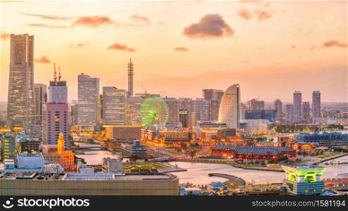 Yokohama city skyline at sunset in Japan