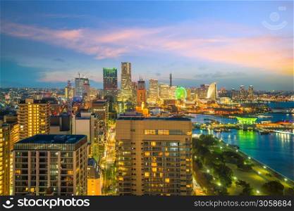 Yokohama city skyline from top view at sunset in Japan