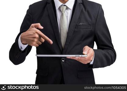 Yong businessman holding digital tablet computer showing screen display isolate on white background