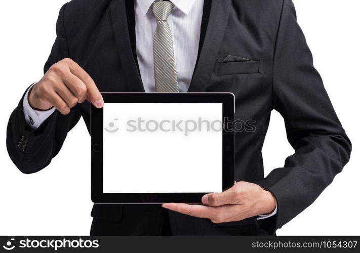 Yong businessman holding digital tablet computer showing screen display isolate on white background