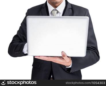 Yong businessman holding laptop isolate on white background