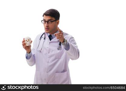 Yong male doctor with skeleton isolated on white. Young male doctor with skeleton isolated on white