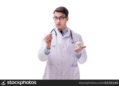 Yong male doctor with skeleton isolated on white. Young male doctor with skeleton isolated on white