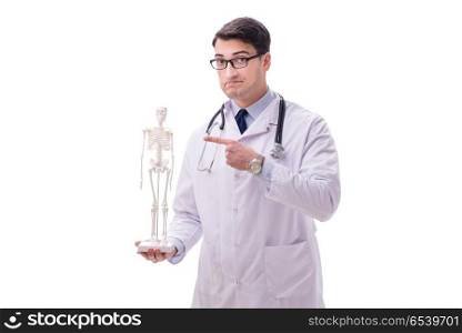 Yong male doctor with skeleton isolated on white. Young male doctor with skeleton isolated on white
