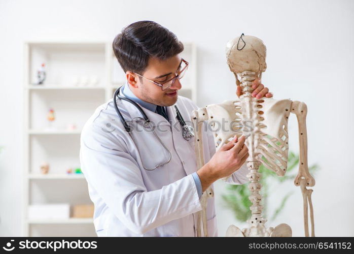 Yong male doctor with skeleton isolated on white