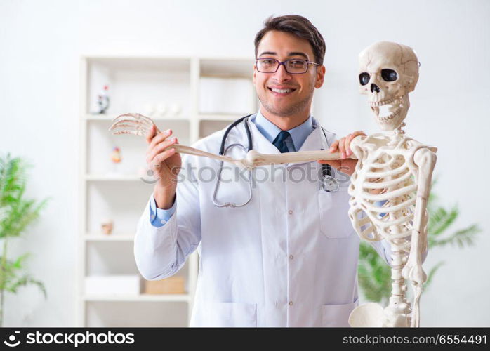 Yong male doctor with skeleton isolated on white