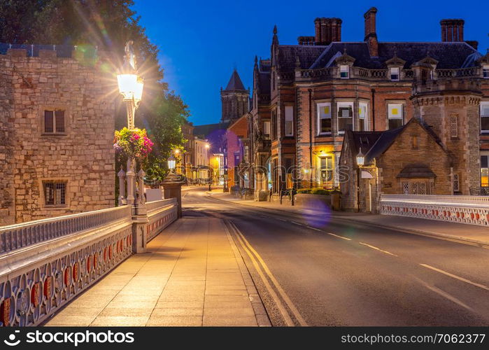 York cityscape along river ouse sunset dusk, York Yorkshire England UK.