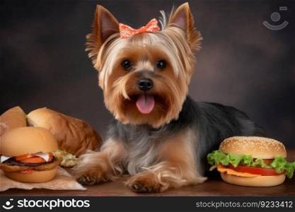 Yorkshire terrier burger. Cute animal. Generate Ai. Yorkshire terrier burger. Generate Ai