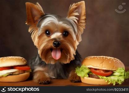 Yorkshire terrier burger food. Person young. Generate Ai. Yorkshire terrier burger food. Generate Ai