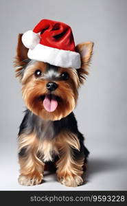 yorkshire terrier in santa costume on gray background 