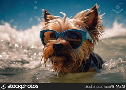 Yorkshire Terrier in sun goggles surf on blue water.Ai generative.