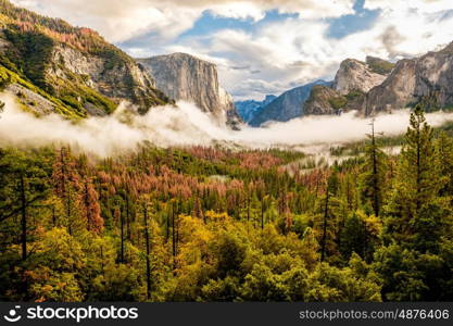 Yosemite National Park Valley at cloudy autumn morning from Tunnel View. Low clouds lay in the valley. California, USA.