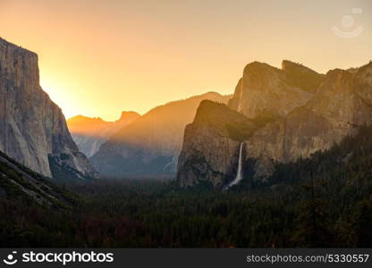 Yosemite National Park Valley at sunrise landscape from Tunnel View. California, USA.