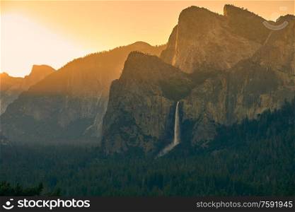Yosemite National Park Valley at sunrise landscape from Tunnel View. California, USA.
