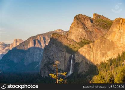 Yosemite National Park Valley summer landscape with Bridalveil Fall from Tunnel View. California, USA.