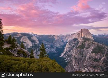 Yosemite National Park Valley summer sunset landscape view from Glacier Point. California, USA.