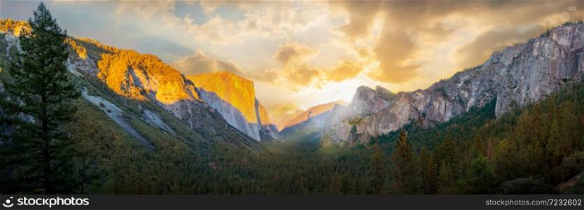 Yosemite valley nation park during sunrise view from tunnel view on morning time. Yosemite nation park, California, USA. Panoramic image.. Yosemite valley nation park during sunrise view from tunnel view on morning time.