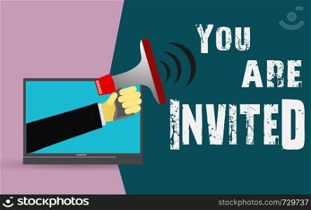 You are invited word with megaphone icon, 3D rendering