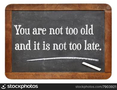 You are not too old and it is not too late.Motivational words on a vintage slate blackboard.
