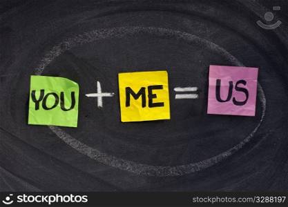 you, me, us - relationship concept; color sticky notes on blackboard with white chalk texture