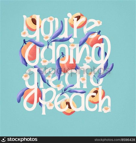 You&rsquo;re doing great peach lettering illustration with peaches. Hand lettering; fruit and floral design in bright colors. Colorful illustration.