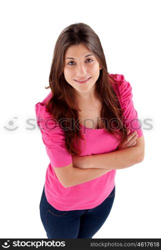 Youg girl with pink t-shirt view from above isolated on a white background