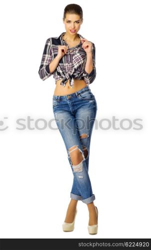 Youn girl in blue jeans isolated