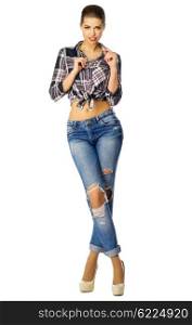 Youn girl in blue jeans isolated
