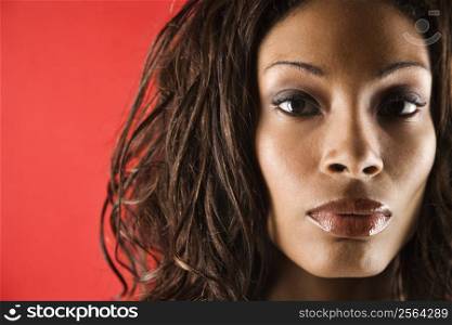 Young adult African American female face close up.