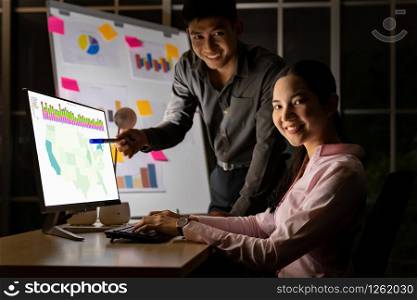 Young adult asian businessman and businesswoman work with analysis graph on white board late at night in their office with desktop computer. Using as hard working and working late concept.