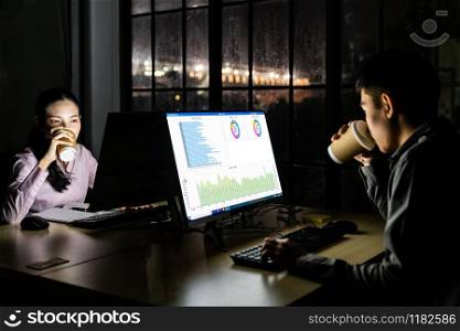 Young adult asian businessman and woman drinking hot cofee while working late at night in their office with desktop computer and laptop. Using as hard working and working late concept.