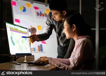 Young adult asian businessman dicuss with collegue about work with analysis graph on white board late at night in their office with desktop computer. Using as hard working and working late concept.