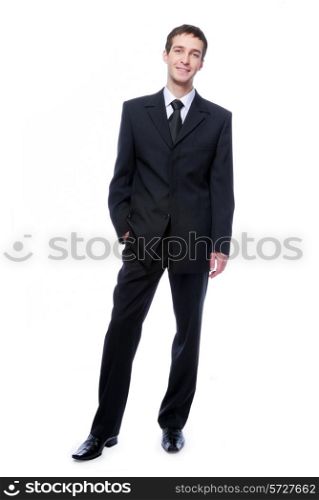 young adult businessman standing against - isolated white background