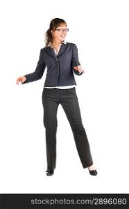 young adult businesswoman on a white background, dancing